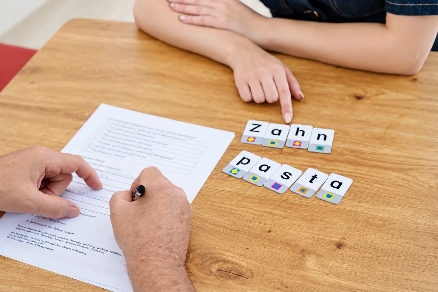 Therapiesituation am Tisch: eine Hand zeigt auf Buchstabenkärtchen mit dem Wort Zahnpasta